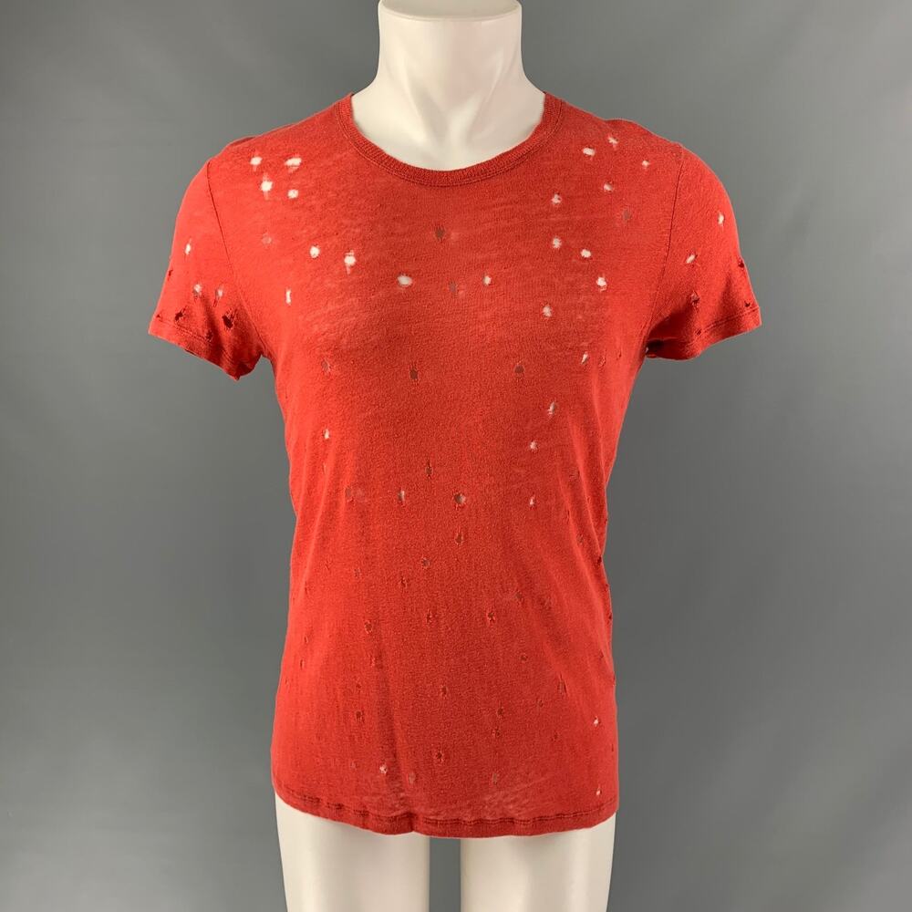 IRO Size XS Red Distressed Linen Crew-Neck T-shirt